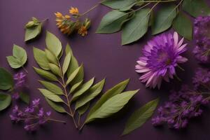 AI generated Flowers composition. Dahlia, eucalyptus, green leaves on purple background. Flat lay, top view, copy space. generative ai photo