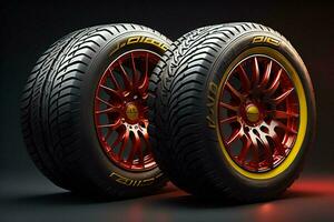 AI generated car wheels on black background with red light. generative ai photo