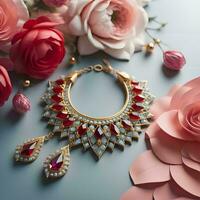 AI generated Beautiful jewelry on blue background. Luxury boho style. generative ai photo