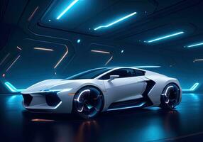 AI generated Futuristic black sports car in neon light. ai generative photo