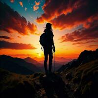 ai generado silueta de un hombre con un mochila y trekking polos en el antecedentes de el puesta de sol. foto