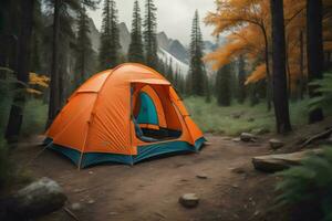 AI generated Camping in the mountains. Orange tent in the forest. The concept of travel and camping. generative ai photo