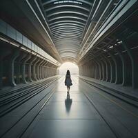 AI generated Woman walking in a futuristic corridor. ai generated photo