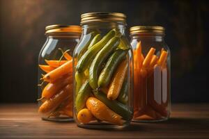 ai generado masón frascos con en escabeche vegetales en de madera mesa, de cerca. generativo ai foto