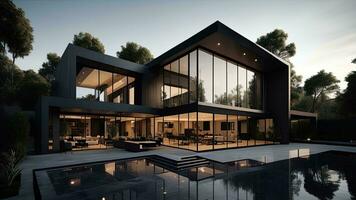 AI generated modern cozy house with pool and parking for sale or rent in luxurious style. Black and white colors. generative ai photo
