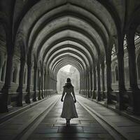 AI generated Black and white image of a woman in a long dress walking through an archway. generative ai photo