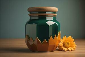 AI generated Jar of honey with solid colour background. ai generative photo