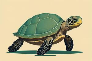 ai generado ilustración de un Tortuga en un verde antecedentes en dibujos animados estilo. ai generativo foto