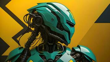 AI generated Cyborg with a green helmet on a yellow background. generative ai photo