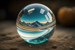 AI generated Transparent crystal ball on a wooden table. ai generative photo