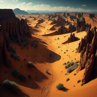 AI generated Desert landscape with sand dunes and trees. generative ai photo