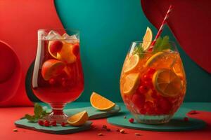 AI generated Two glasses of sangria or lemonade with fruits on red and blue background. ai generated photo