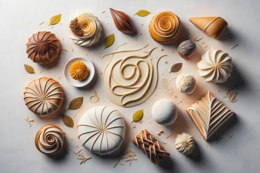 AI generated Different delicious chocolate candies on white background, top view. Delicious sweets. generative ai photo