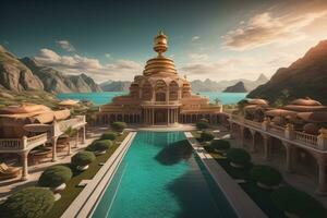 AI generated a fantasy landscape with a temple and a pool. generative ai photo