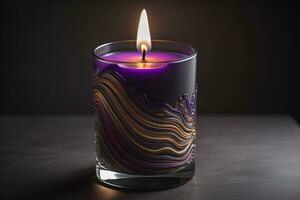 AI generated Burning aroma candle on wooden table against solid color background, copyspace. ai generative photo