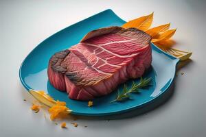 AI generated Sliced raw beef on blue plate with rosemary on white background. generative ai photo