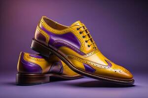 AI generated Pair of elegant mens shoes on purple background, studio shot. generative ai photo