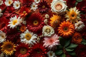 AI generated Colorful flowers background. Top view. Flat lay. Copy space. generative ai photo