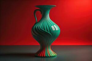 AI generated Green vase on red background. generative ai photo