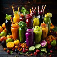 AI generated Healthy colorful smoothies in glass bottles with fresh fruit and vegetables on dark wooden background. generative ai photo