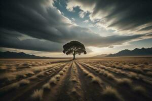 AI generated Lonely tree in the desert at sunset with a dramatic sky. generative ai photo