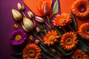 AI generated top view of bouquet of gerberas and tulips on purple background. ai generated photo