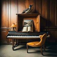 AI generated Old piano with a book and a bird on it. generative ai photo