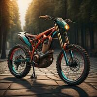 AI generated Racing motorcycle in the forest at sunset. generative ai photo