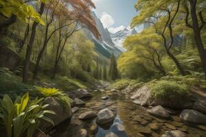 ai generado montaña paisaje con un río en el bosque. generativo ai foto