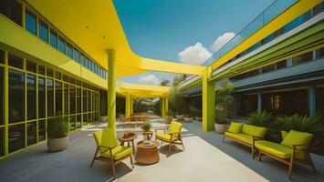 AI generated Exterior of modern villa with green terrace and chairs. generative ai photo