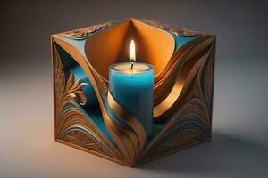 AI generated Burning aroma candle on wooden table against solid color background, copyspace. ai generative photo