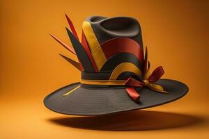 AI generated Black hat with red ribbon and bow on orange background. generative ai photo