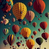 AI generated Hot air balloons flying in the blue sky. Colorful illustration. generative ai photo