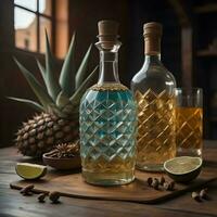 AI generated bottle of tequila, rum, brandy and lime on wooden table. generative ai photo