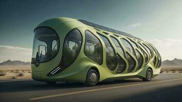 AI generated Green bus on the road in the desert. generative ai photo
