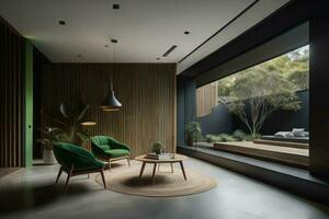 AI generated Interior of modern hotel lobby with black and wooden walls, concrete floor, green armchairs and round coffee table. generative ai photo