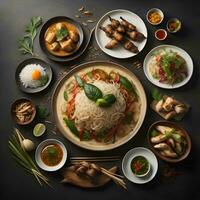 AI generated Top view of Asian food set on black background. Noodles, rice noodles, soup, chopsticks, vegetables, mushrooms, chicken, ginger, soy sauce, chilli and spices. generative ai photo