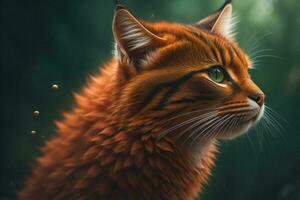 AI generated Red cat with green eyes in the forest. generative ai photo
