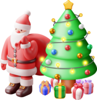 3d Père Noël claus avec cadeau sac et Noël arbre png