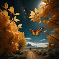 AI generated Conceptual image of a butterfly walking in the autumn forest. ai generated photo