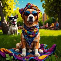 AI generated Funny dog in sunglasses and scarf sitting on the green grass. generative ai photo