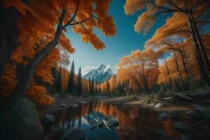 AI generated Mountain landscape with autumn trees and lake. generative ai photo