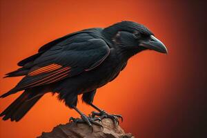 AI generated Black crow isolated on orange background. generative ai photo