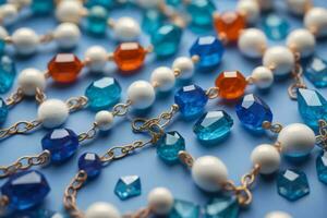 AI generated Beautiful necklace with precious stones on light blue background, closeup. generative ai photo