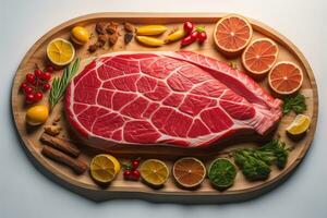 AI generated Raw beef steak with ingredients for cooking on wooden board on white background. generative ai photo