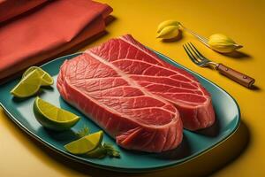 AI generated Raw tuna steak with lemon and lime on yellow background. Top view. generative ai photo