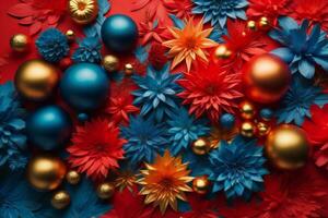 ai generado festivo antecedentes con rojo y azul flores y dorado pelotas, parte superior vista. generativo ai foto