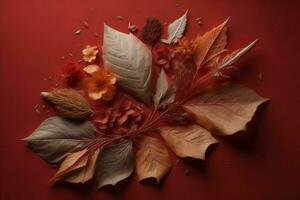 AI generated Autumn leaves on a red background. Flat lay, top view. generative ai photo