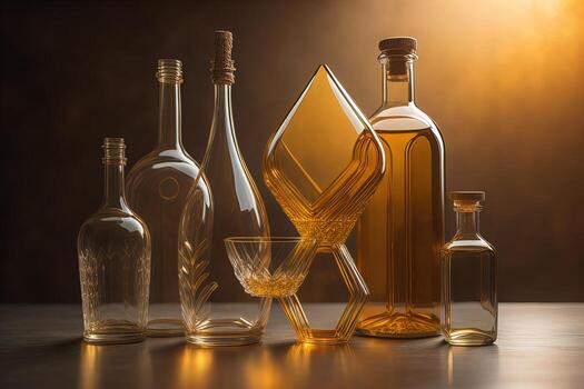 AI generated Composition with empty bottles and glasses on table. Alcohol drink concept. generative ai photo