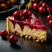 AI generated cheesecake with cherry on a dark background. tinting. selective focus. generative ai photo